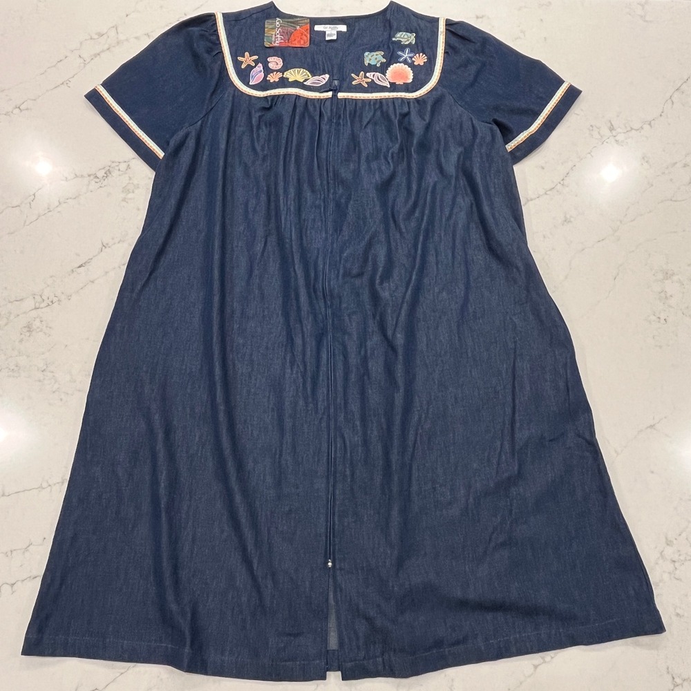 Go Softly NEW Cotton Chambray Patio House Dress L Muumuu Embroidered Seashells‎